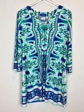 Beach Break Dress Swim Cover Up with Blue & Teal Abstract Print B Neck sz L